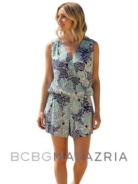 BCBGMaxazria Thalia Aqua/Navy/White Floral Print Sleeveless V Neck Romper (L)